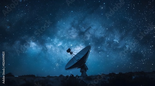Satellite Dish Transmitting Data Against Starry Night Sky Representing Global Technological Networking and Digital Communication in Business
