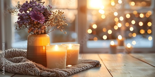 Cozy winter ambience with floral vase burning candles relaxing aromatherapy. Concept Winter Coziness, Floral Decor, Aromatherapy, Candle Lighting, Relaxing Ambience