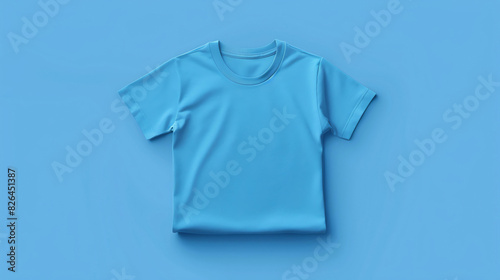 A simple blue t-shirt on a blue background. The shirt is folded with the collar facing up.