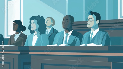 A flat design jury member character in 2D flat style, depicted sitting in a jury box, attentively listening. The background shows a courtroom with other jurors and a judgeâ€™s bench. The design is