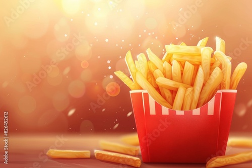 Closeup of golden french fries in a red takeout container against a blurred warm background with bokeh effect