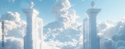The gates of heaven with white clouds, heaven gate, white background, 3d rendering, 