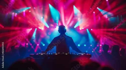 Colorful lights shining on the DJ stage, with silhouette of an Asian male dj playing music in front of people dancing at night club party