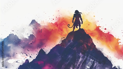 powerful hanuman silhouette on mountain top majestic watercolor illustration