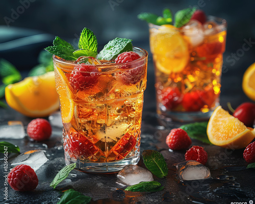 Cocktails with ice, lemon orange and fruit, served in glasses and glasses, dark background