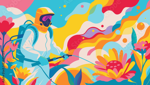 Colorful Illustration of Gardener Spraying Plants with Pesticides