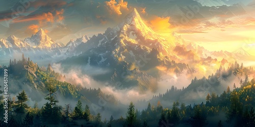 Majestic Sunrise Over Misty Mountain Range Golden Light Spilling Over Peaks in Peaceful Digital Painting