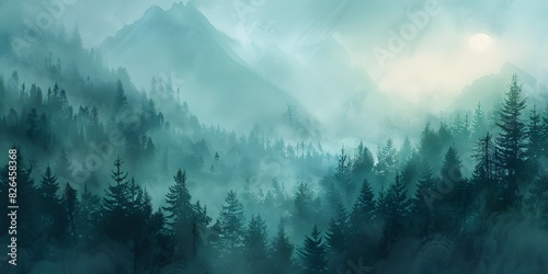 Mystical Mountain Landscape Shrouded in Ethereal Fog Enveloping Dense Evergreen Forest in Captivating Natural Serenity