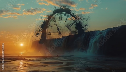 Giant clock melting over desert, focus on, time distortion, double exposure silhouette with rushing waterfall