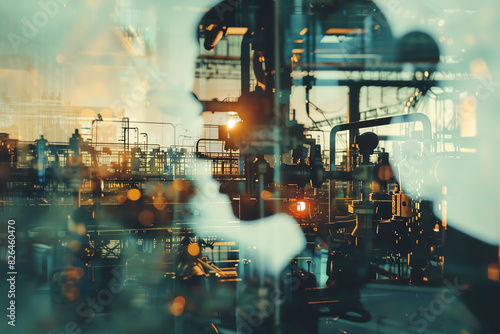factory malfunction, halted production line, industrial error, operational disruption, close up, focus on, copy space, Double exposure silhouette with machinery