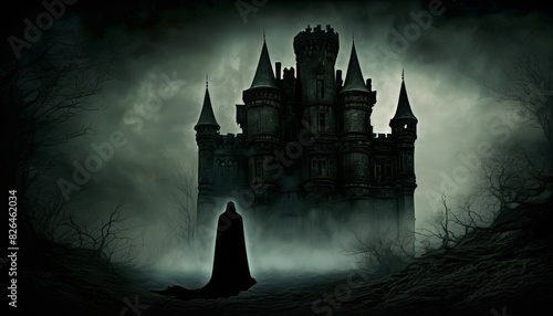 A mysterious cloaked figure stands before a sprawling dark castle enveloped in fog, creating a gothic atmosphere.. AI Generation