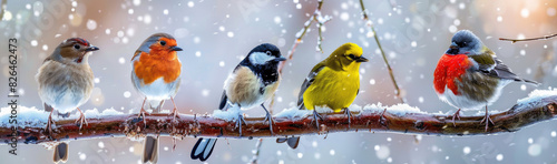 birds sitting on the branch, all different sizes and species of small songbirds, in a natural winter background