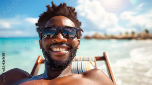 Happy young black man relaxing on deck chair at beach wearing spectacles. Smiling black man with sunglasses enjoy vacation. Carefree happy young man sunbathing at sea
