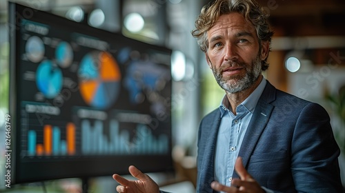 A businessman delivering a presentation to investors, showcasing persuasive communication skills in finance.