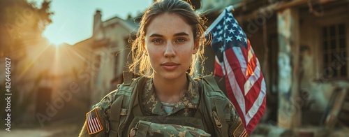 A woman in military uniform holding an American flag. She is wearing a camouflage jacket and has a backpack on her back.