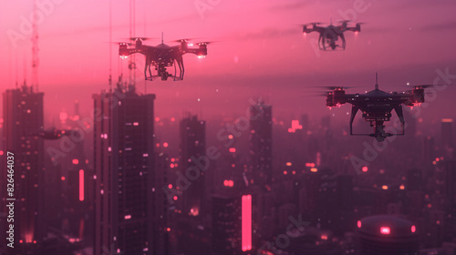 a group of drones flying over a city