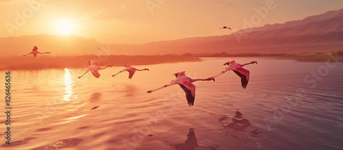 a group of flamingos flying over water
