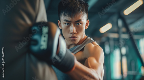 Asian boy boxer training