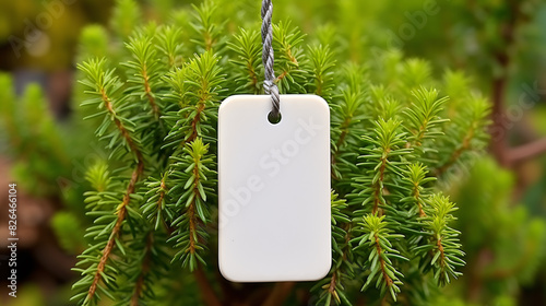a white tag from a string on a green plant