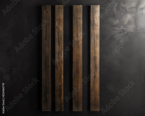 Four wooden planks displayed vertically against a textured, dark background, showing natural grain and aged wood character.