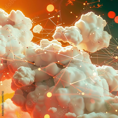 Illustration of a cloud network with a 3D model and an energetic, colorful design