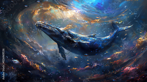 A blue whale is swimming upwards in the ocean. Sunlight is reflecting off the surface of the water.