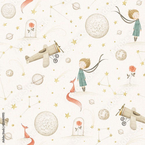 Seamless pattern of boy, fox, rose, airplane, planets, stars. Light background. Stock illustration.