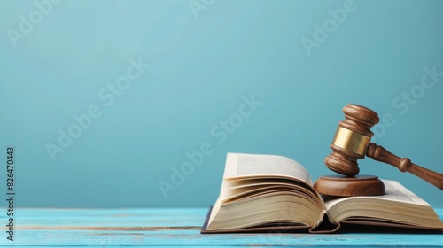A book is open to a page with a gavel on it