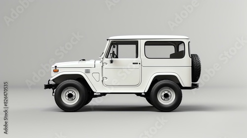 Side view of a generic 4x4 off-road vehicle. The car is white and has a hardtop. It is parked on a white background.