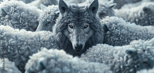 Artistic rendering of a wolf hiding among a flock of sheep, symbolizing deception and camouflage in an environment of trust.