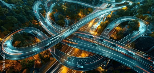 Aerial view of illuminated highway interchange at night, showcasing dynamic traffic movement and intricate road network design.