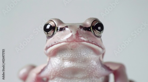 Tiny sleek skinned frog in front of a white backdrop