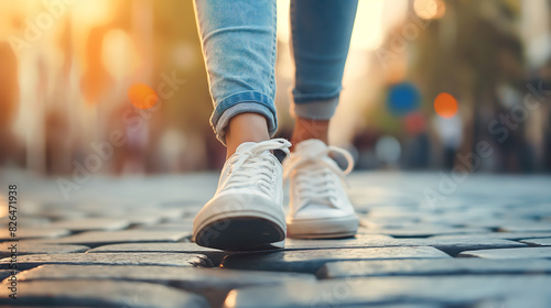 Close up of woman feet wearing casual shoes walking in the city street. Legs of woman walking in down city street 