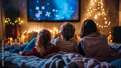 Family Movie Night: Capture a cozy family movie night at home with blankets, popcorn, and a big screen, highlighting togetherness and relaxation during the colder months.