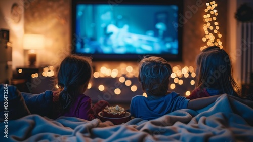 Family Movie Night: Capture a cozy family movie night at home with blankets, popcorn, and a big screen, highlighting togetherness and relaxation during the colder months.
