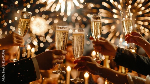New Year's Eve Celebration: Capture a glamorous New Year's Eve party with people dressed in formal attire, fireworks lighting up the night sky, and glasses of champagne, emphasizing celebration and ne