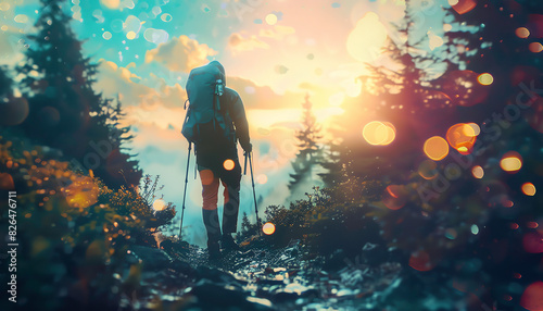 A lone hiker walks through a scenic forest trail at sunrise, with vibrant colors and bokeh effect creating a dreamlike atmosphere.