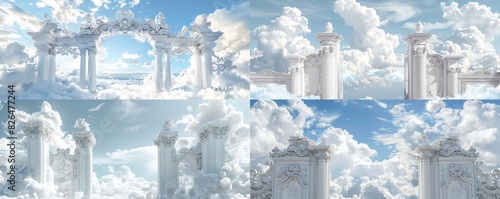 white heaven gates with clouds on white background, heaven gate, 