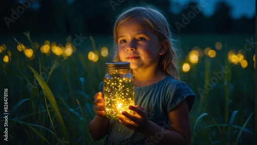 Magical Evening: Child Discovering Fireflies in a Jar