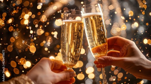 New Year's Eve Celebration: Capture a glamorous New Year's Eve party with people dressed in formal attire, fireworks lighting up the night sky, and glasses of champagne, emphasizing celebration and ne