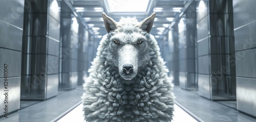 A futuristic and surreal depiction of a wolf in sheep's clothing in a sleek, metallic hallway, highlighting contrast and deception.