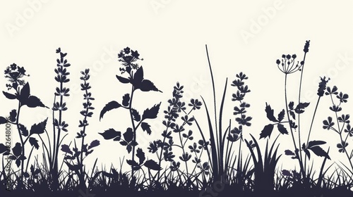 Silhouettes of wild flowers in a linear arrangement with lavender branches plants and herbs comprising leaves and field grass