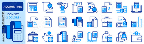 Icons in two colors about accounting. Finances.