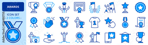 Icons in two colors about awards and acknowledgements.