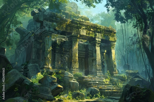 Digital painting depicting sunlit ancient ruins engulfed by a lush, mystical forest