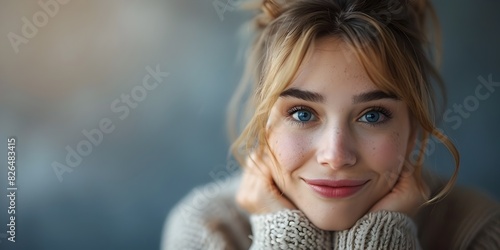 The woman with blonde hair wearing a cozy knitted sweater looks relaxed and content with a thoughtful expression