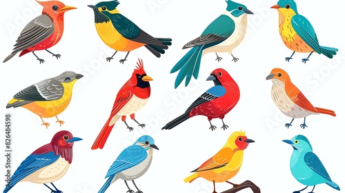 A set of cute and colorful bird illustrations. The birds are all different colors and have different markings.