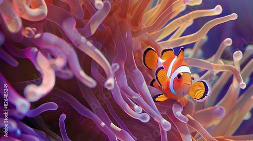 A colorful clownfish darting in and out of the waving tendrils of a sea anemone, seeking shelter and protection within its stinging embrace.