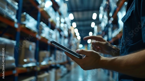 A worker in a warehouse is using a tablet to check inventory.