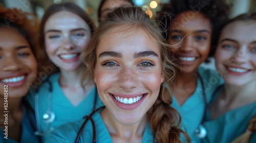 A group of happy nurses in scrubs smiling at the camera, showcasing teamwork and positive energy in a healthcare setting.